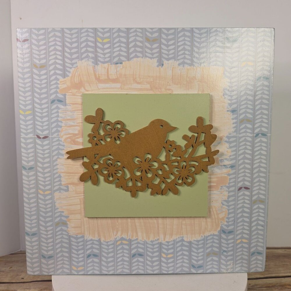 Decorative Wall Art With Bird & Floral Cutout On Patterned Background